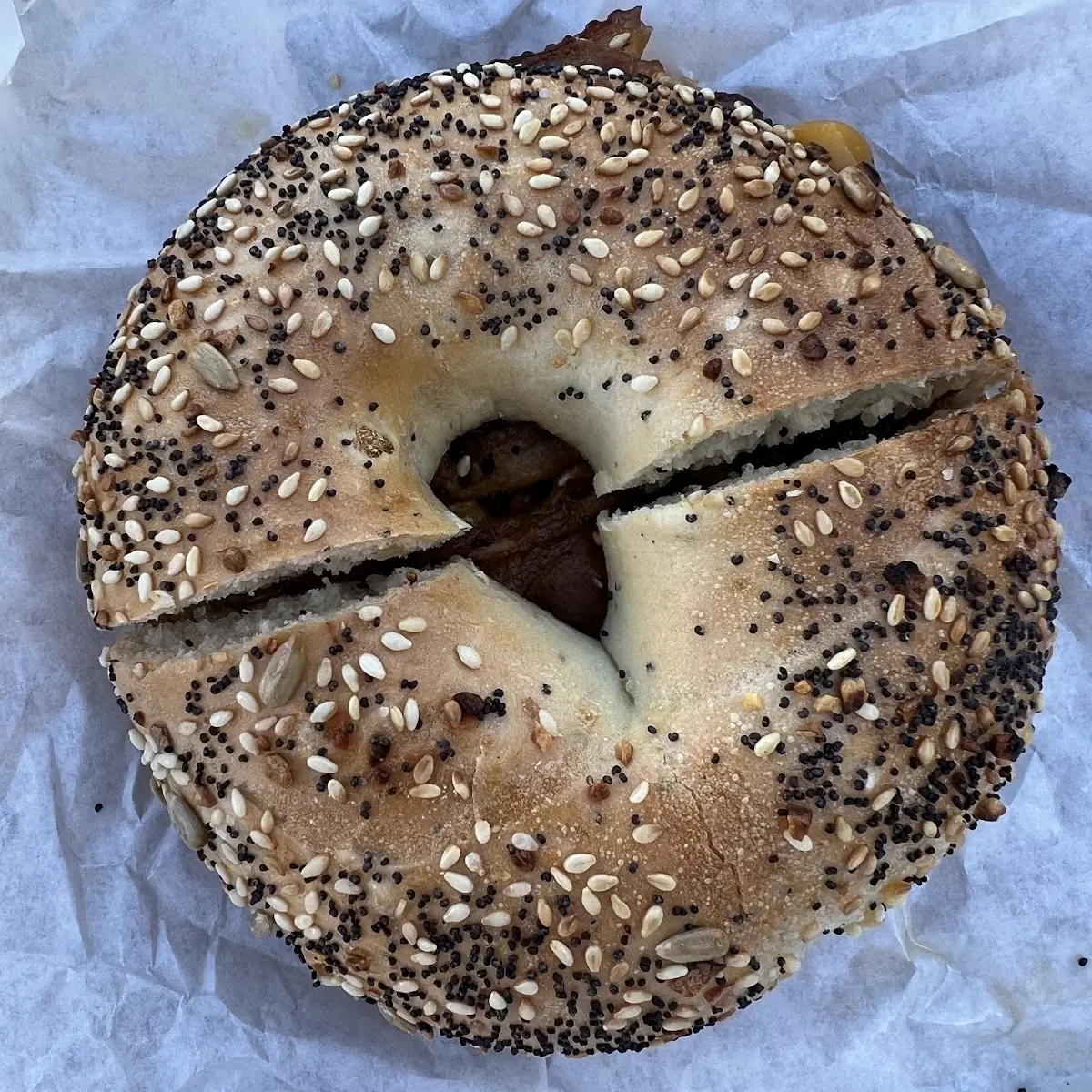 Sausage and Cheese on an Everything Bagel
