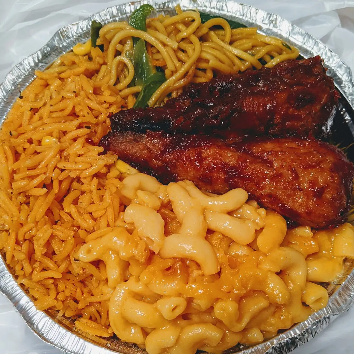 Mac and Cheese Vegetable Lo Mein Rice BBQ Drumstick