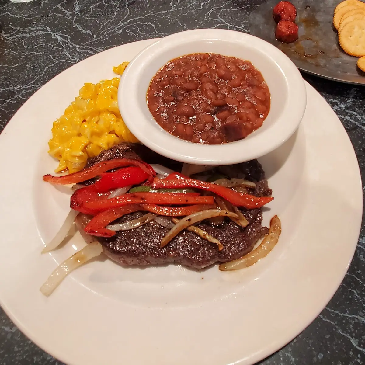 Ribeye Steak Baked Beans Mac and Cheese