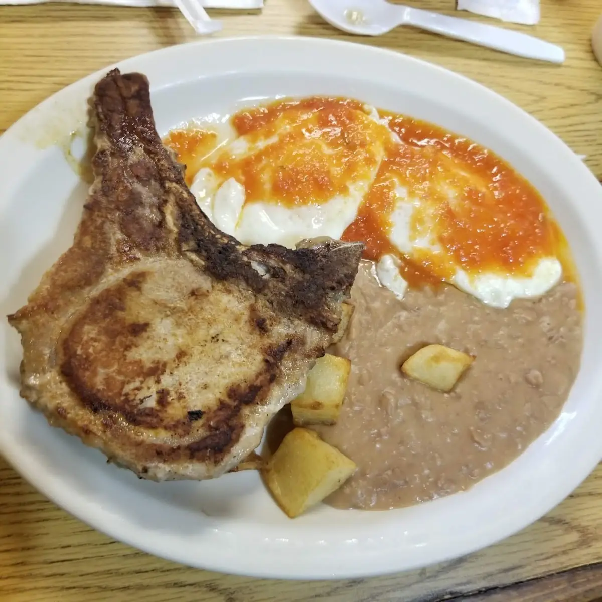 Pork Chops Eggs and Beans