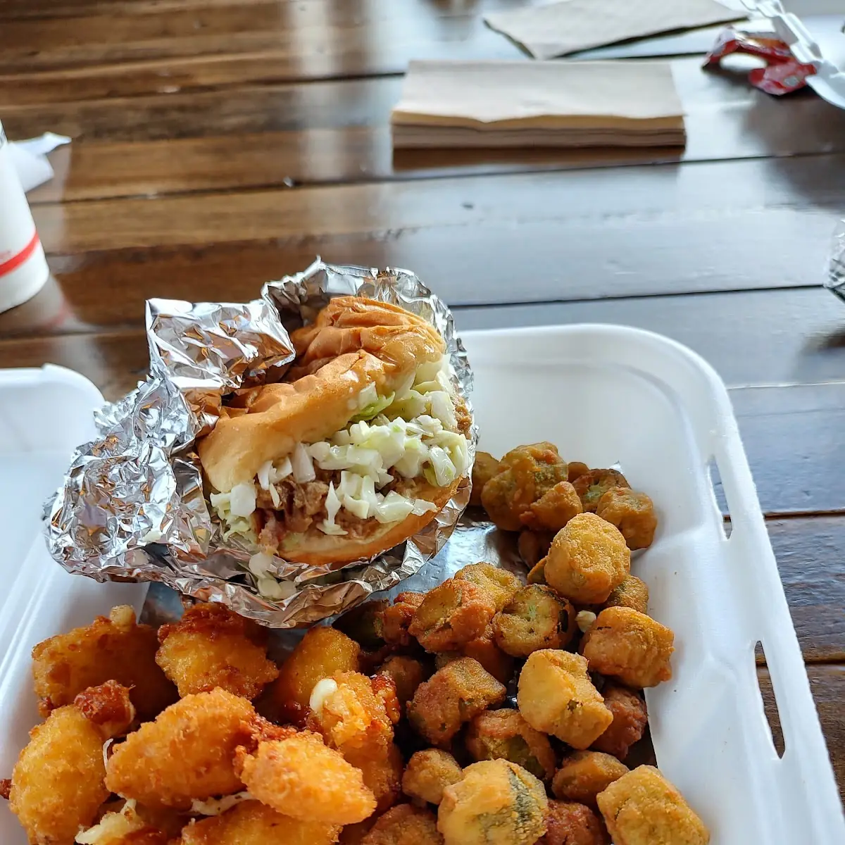 BBQ Sandwich with Cheese Bites and Fried Okra