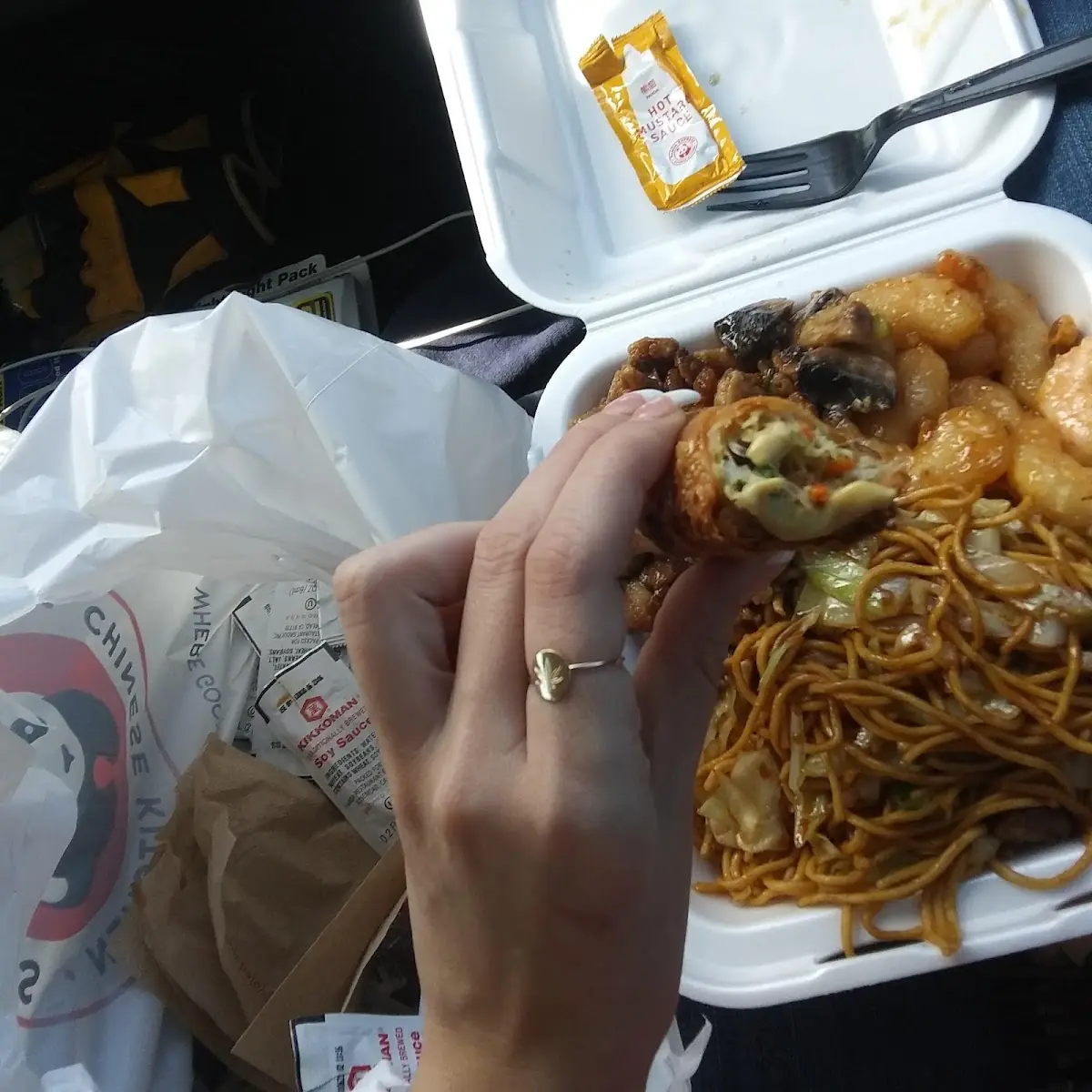 Firecracker Shrimp and Broccoli Chicken with Lo Mein and an Egg Roll