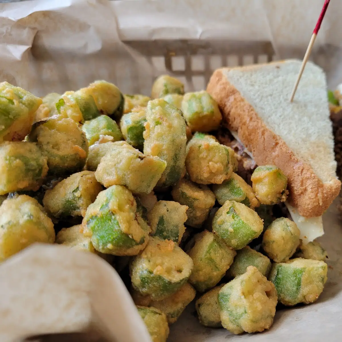 Philly Cheese Steak Sandwich and Okra