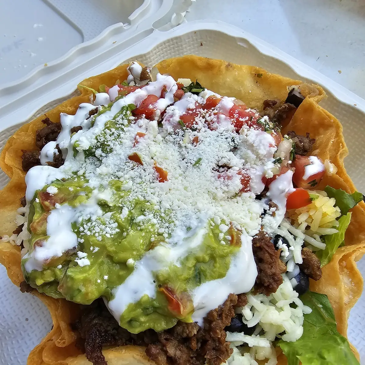 Beef Taco Salad in Hellflour Tortilla Shell