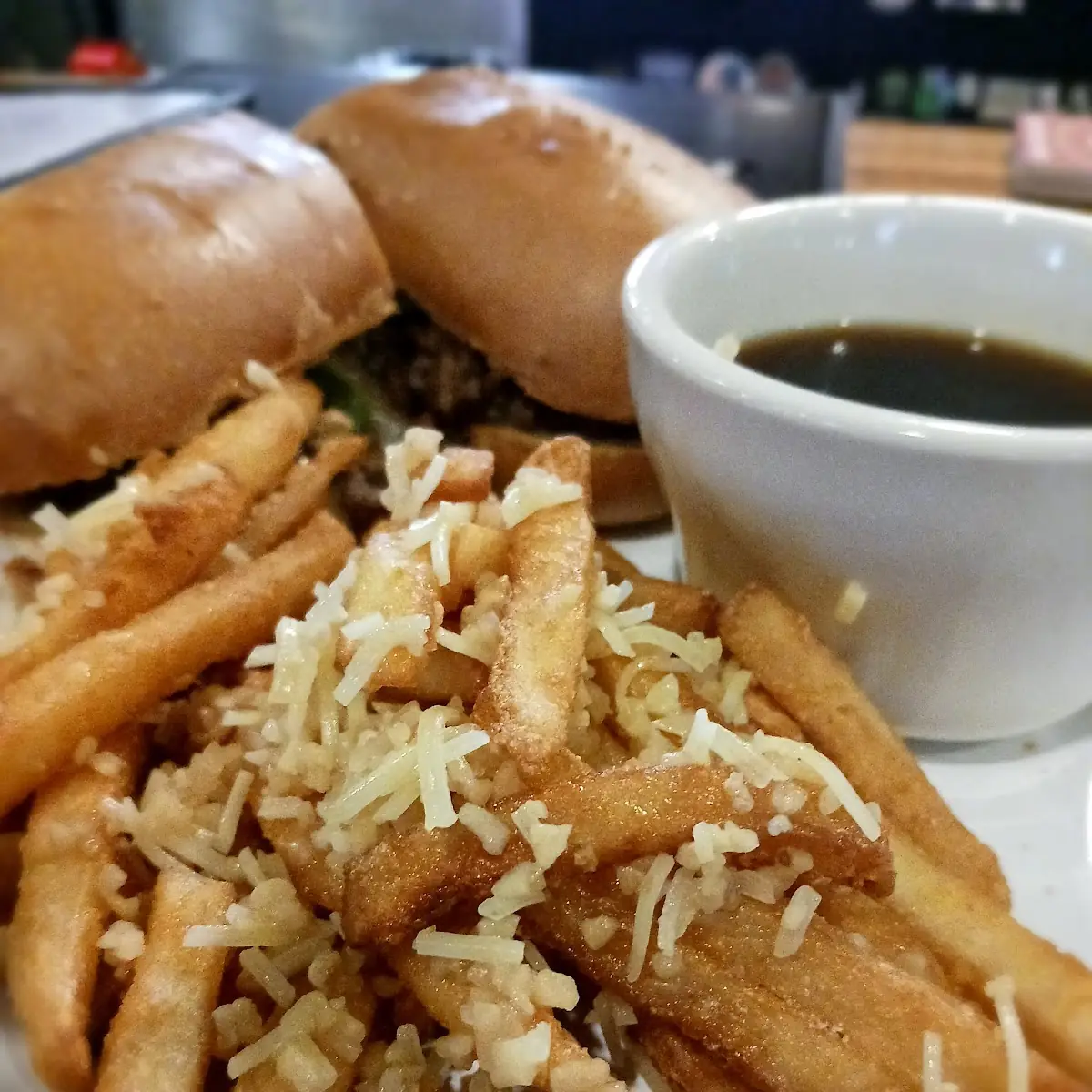 Philly Cheesesteak with Au'Jus & Garlic Fries