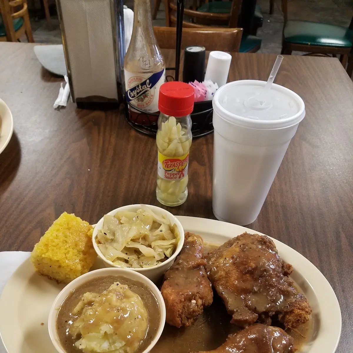 Fried Chicken Dinner Smothered with Mashed Potatoes and Cabbage