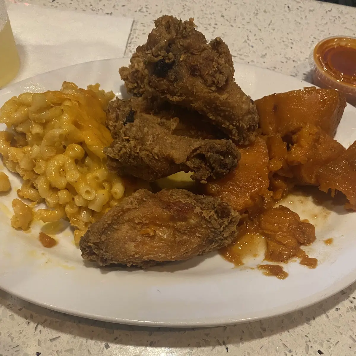 Mac and Cheese Yams and Chicken Wings