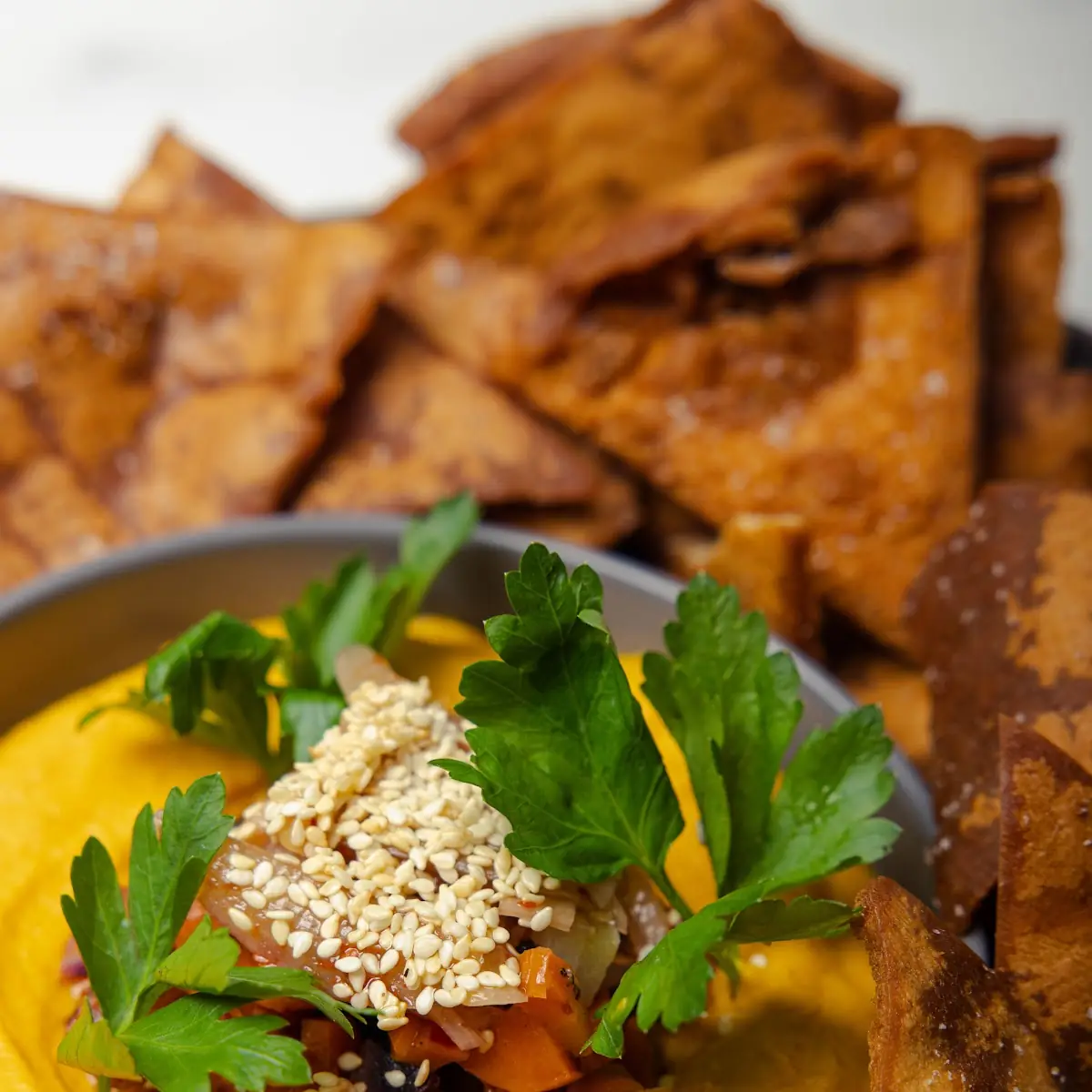 Carrot Hummus with Pita Chips