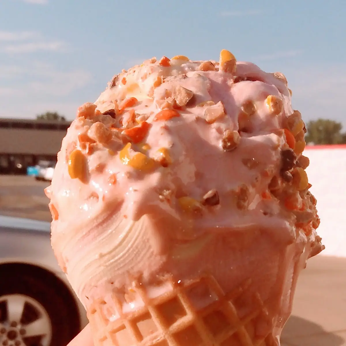 Strawberry Pineapple Reeses Pieces Waffle Cone
