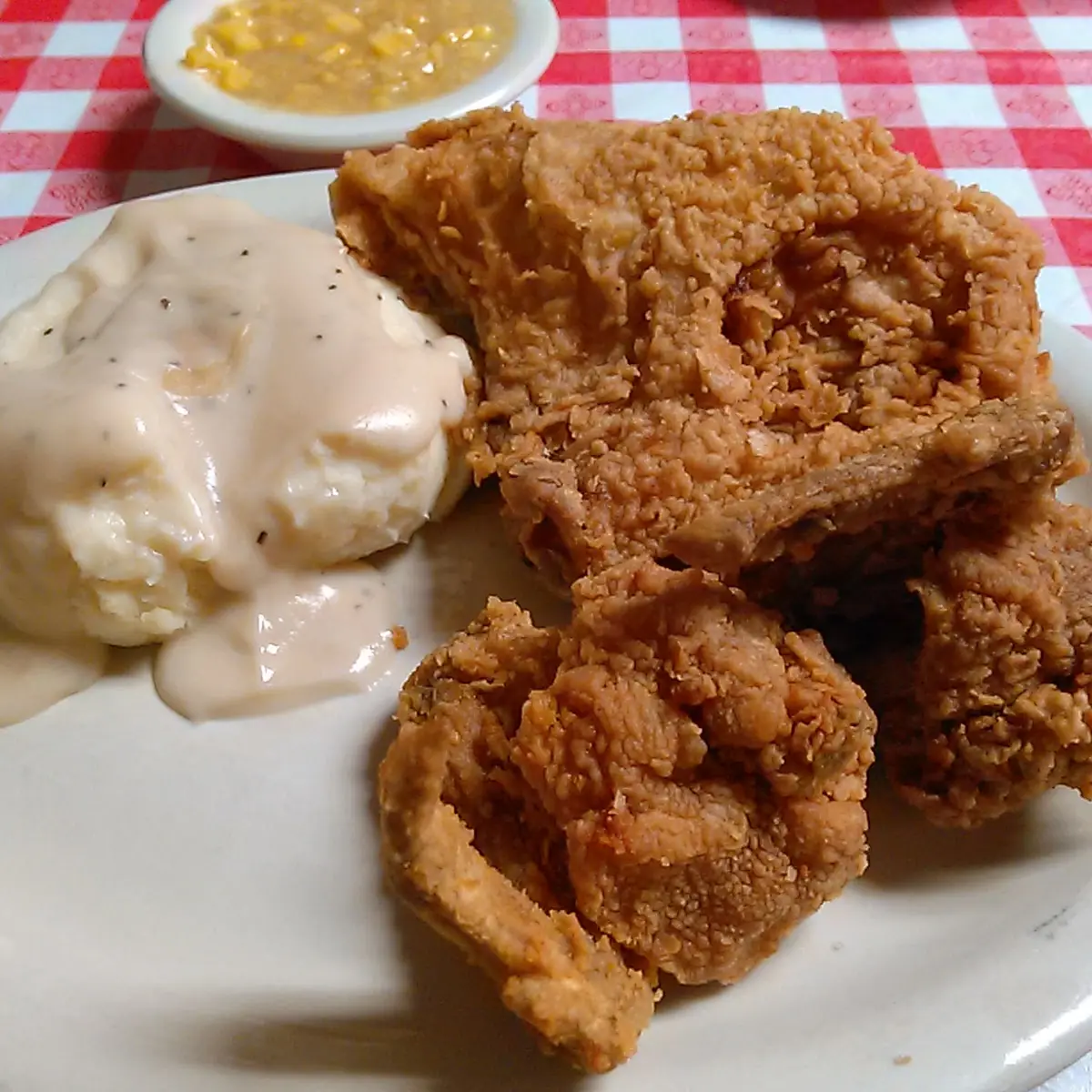 Fried Chicken with Mashed Potatoes and Gravy and Cream Corn