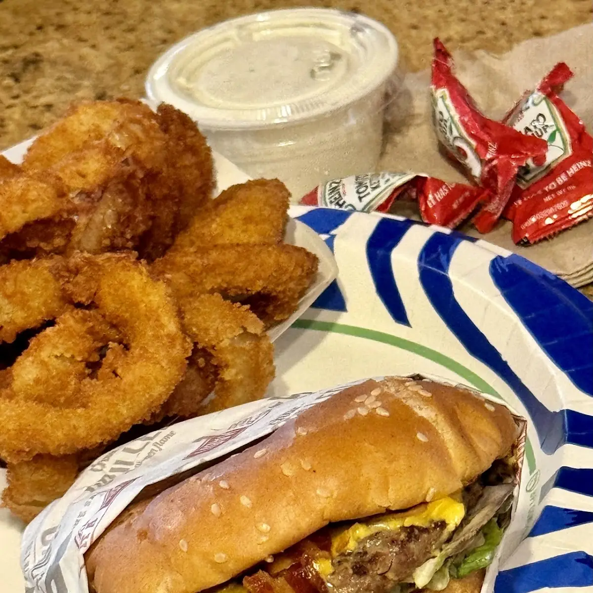 Bacon Cheeseburger and Onion Rings