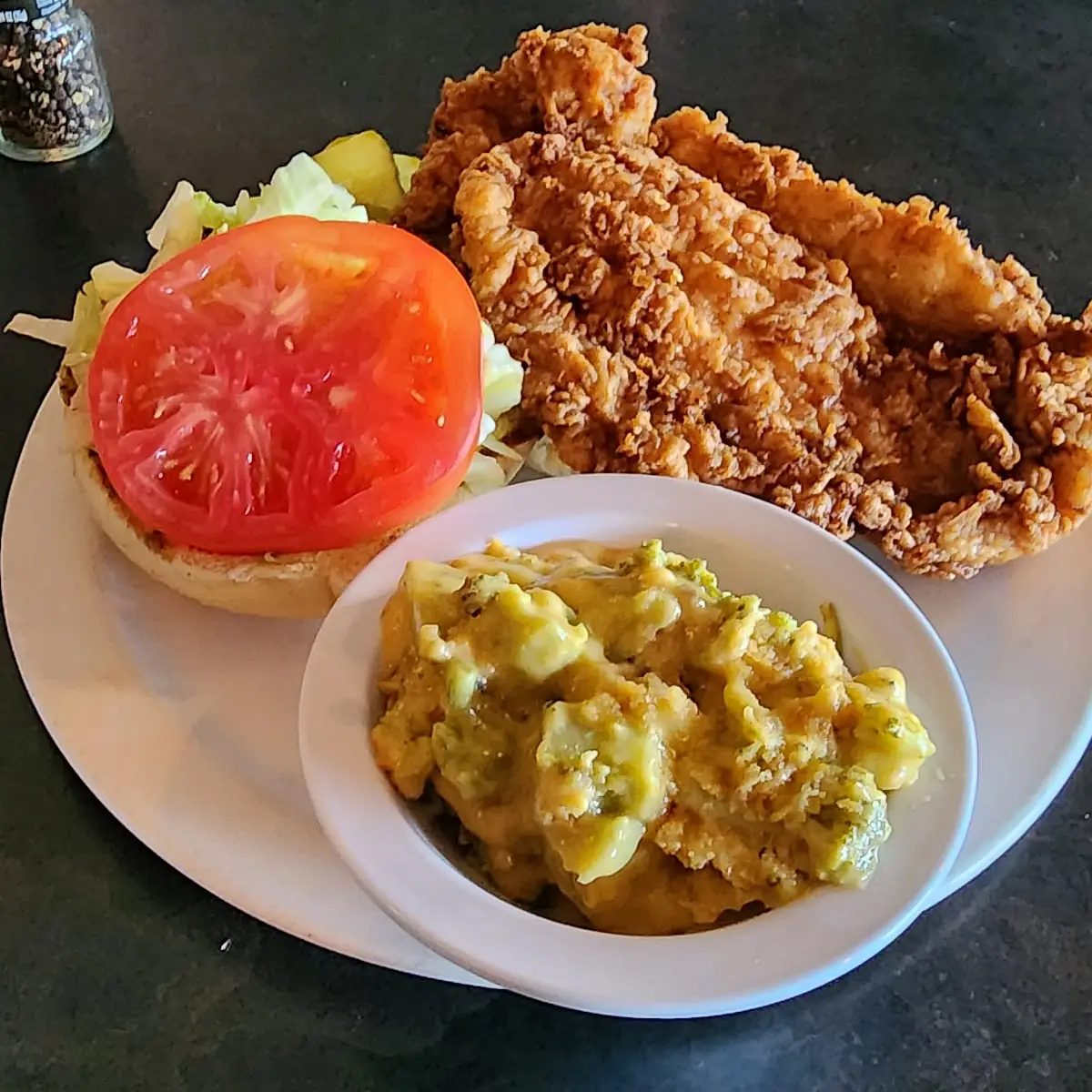 Fried Pork Chop Sandwich and Broccoli Cheese Casserole