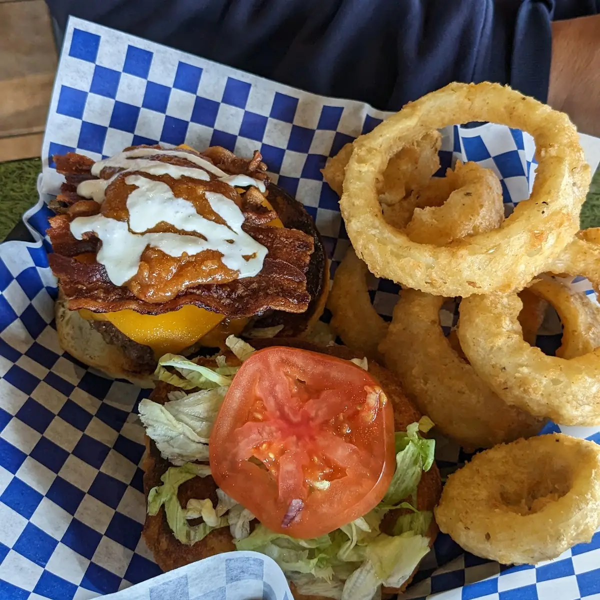 Turquoise Burger and Onion Rings