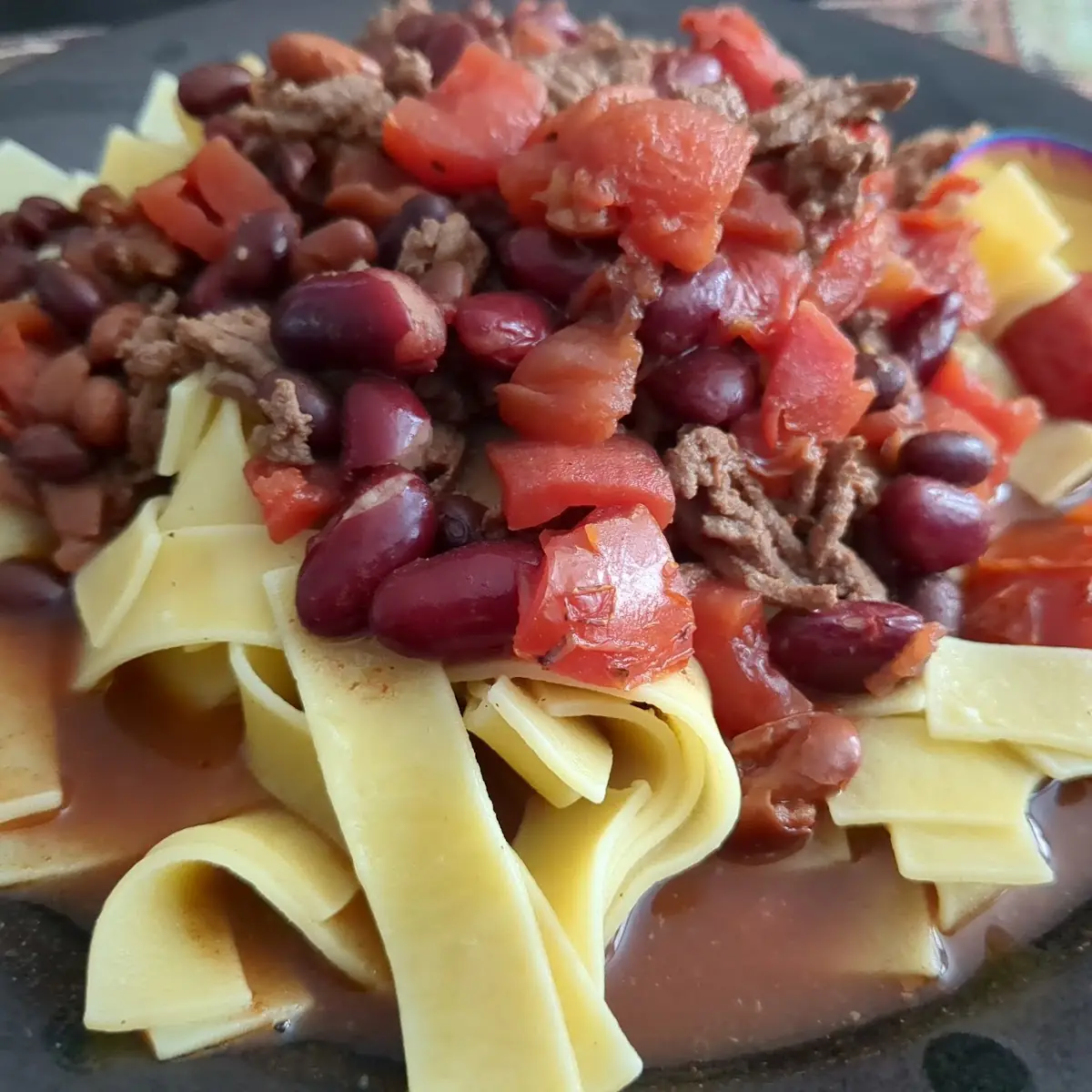 Chili over Egg Noodles