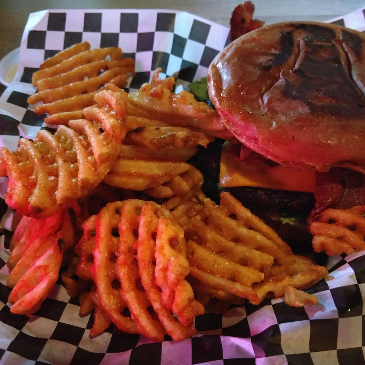 Bacon Cheeseburger and Waffle Fries