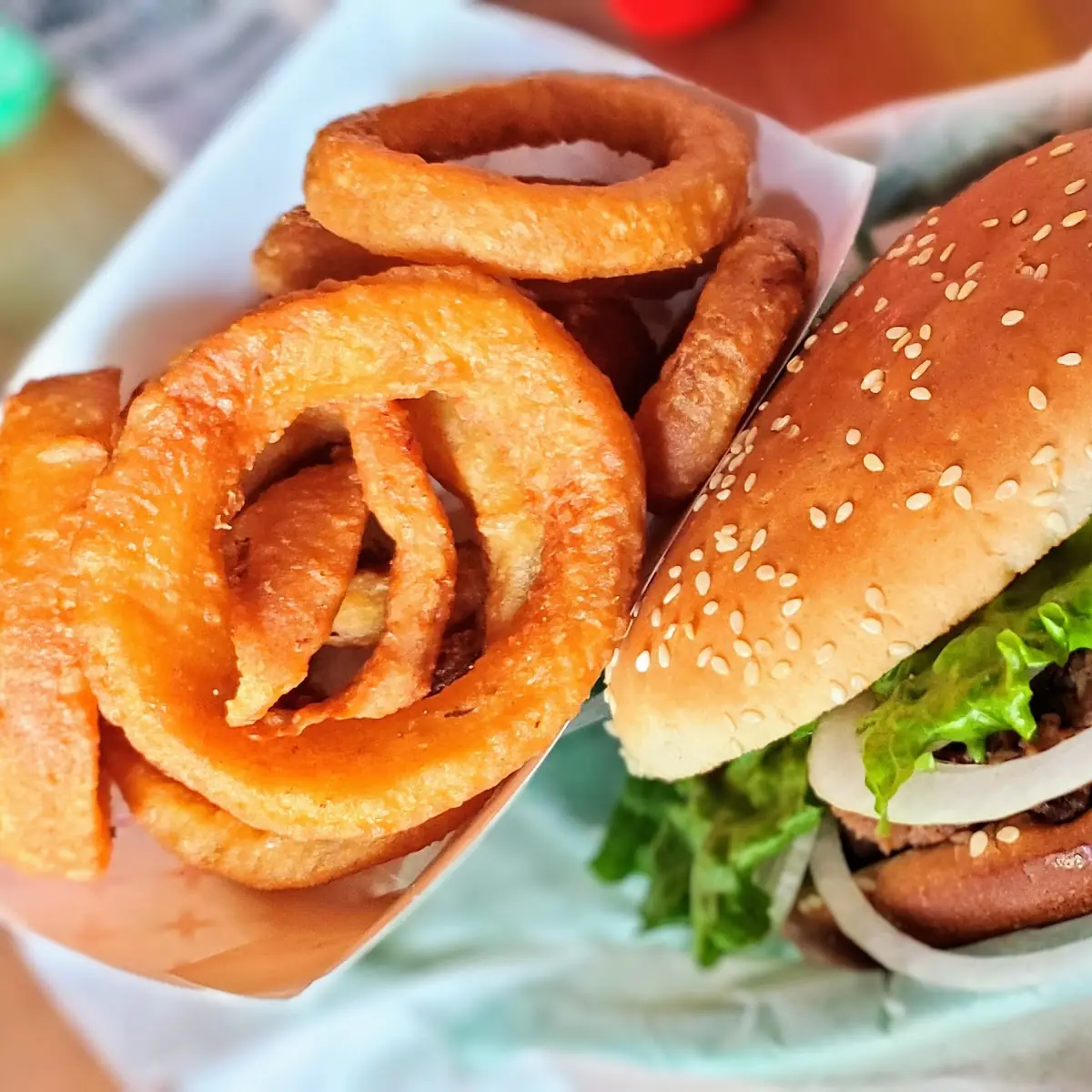 Burger and Onion Rings