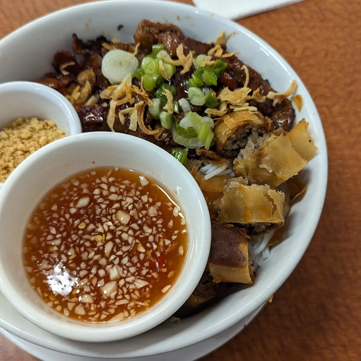 Rice Vermicelli with Pork and Spring Roll
