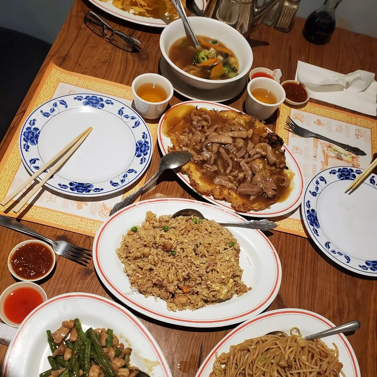 Pork Egg Foo Young Chicken and Grean Beans Chicken Fried Rice Chicken Chow Mein and Wanton Soup