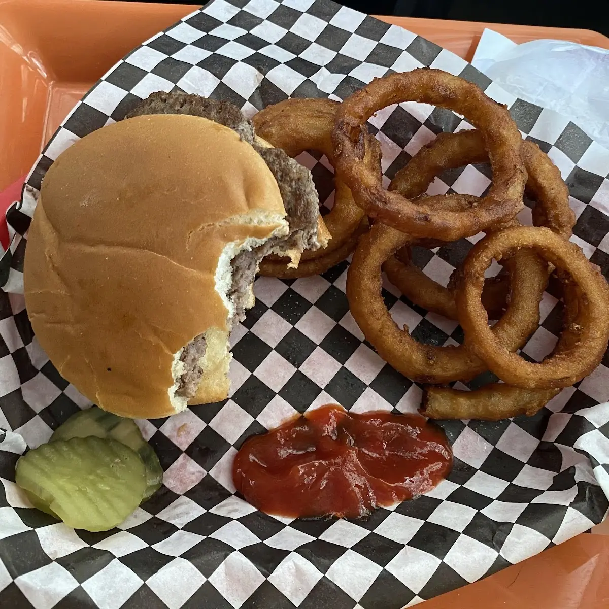 Burger and Onion Rings