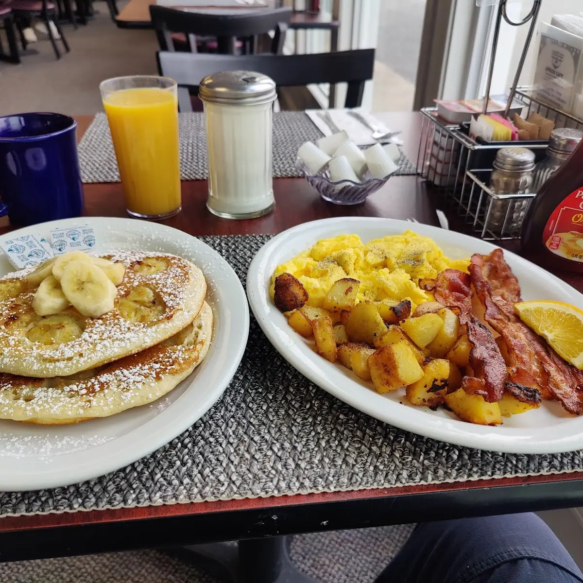 Banana Pancakes Scrambled Eggs and Bacon