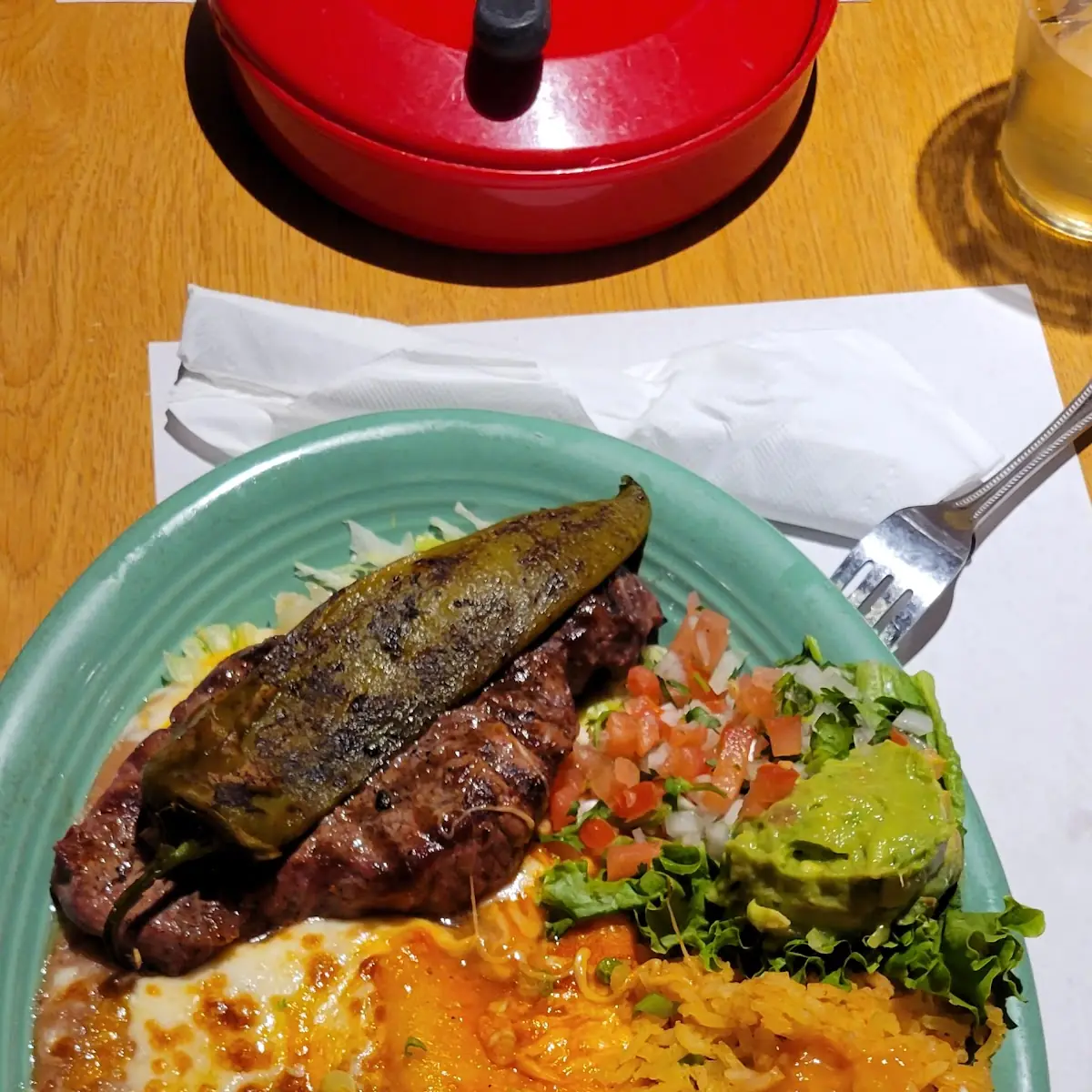 Carne Asada with Cheese Enchilada Rice and Beans