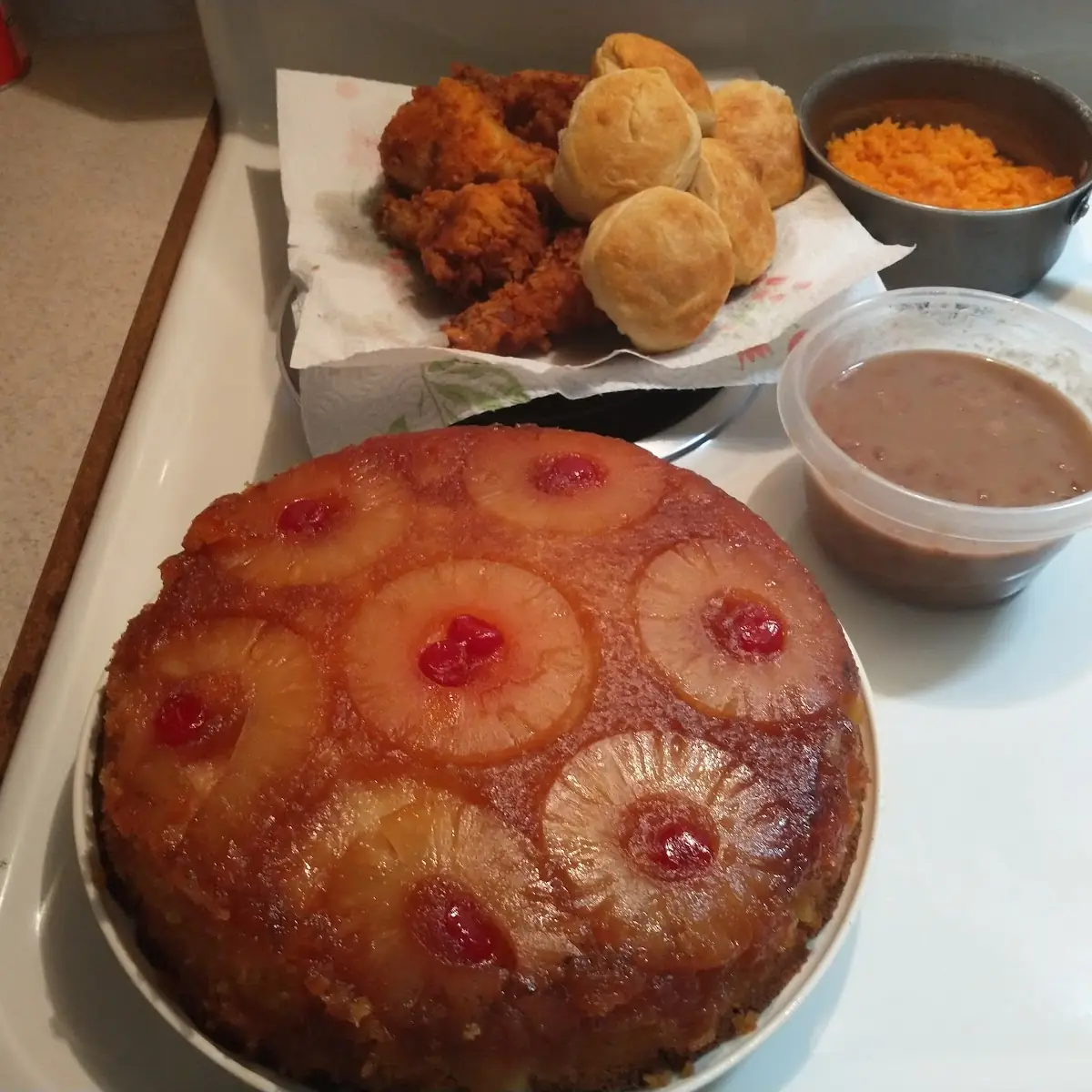 Fried Chicken Yellow Rice Pinto Beans Pineapple Upside Down Cake