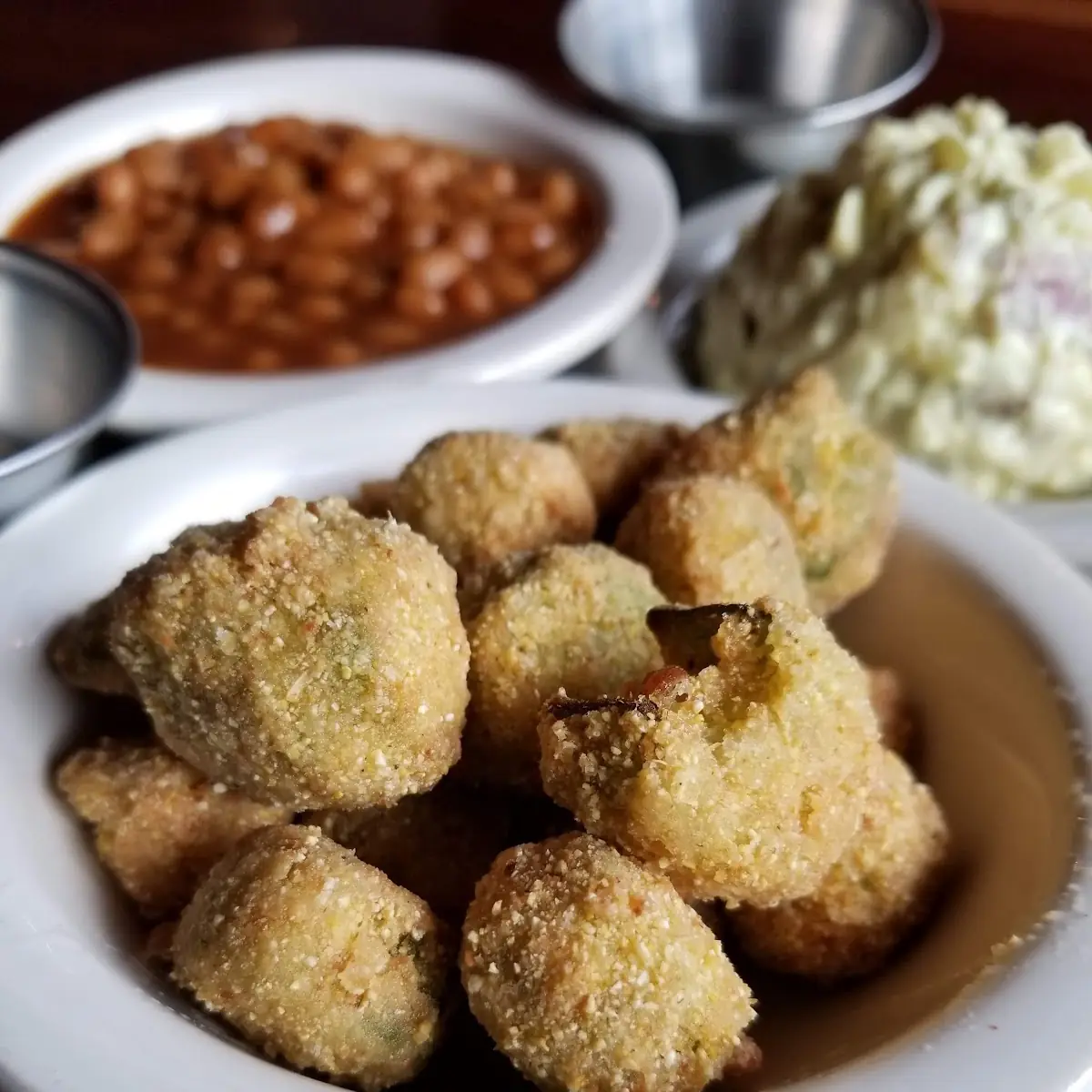 Fried Okra Baked Beans and Potato Salad