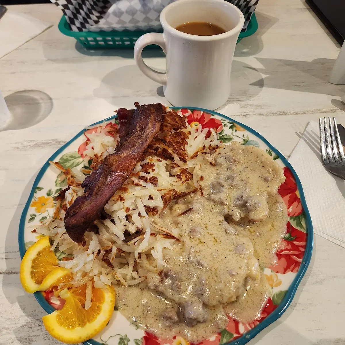Biscuits and Sausage Gravy with Side Bacon
