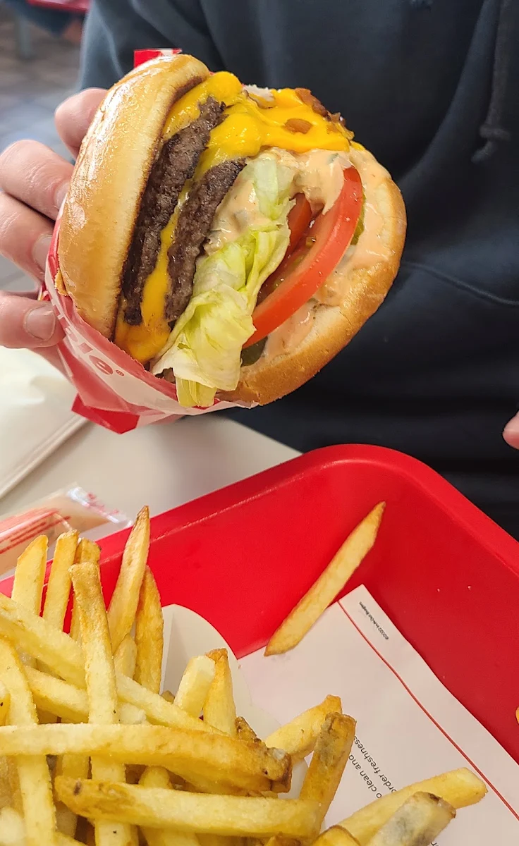 Double Double Cheeseburger Fries and Chocolate Shake
