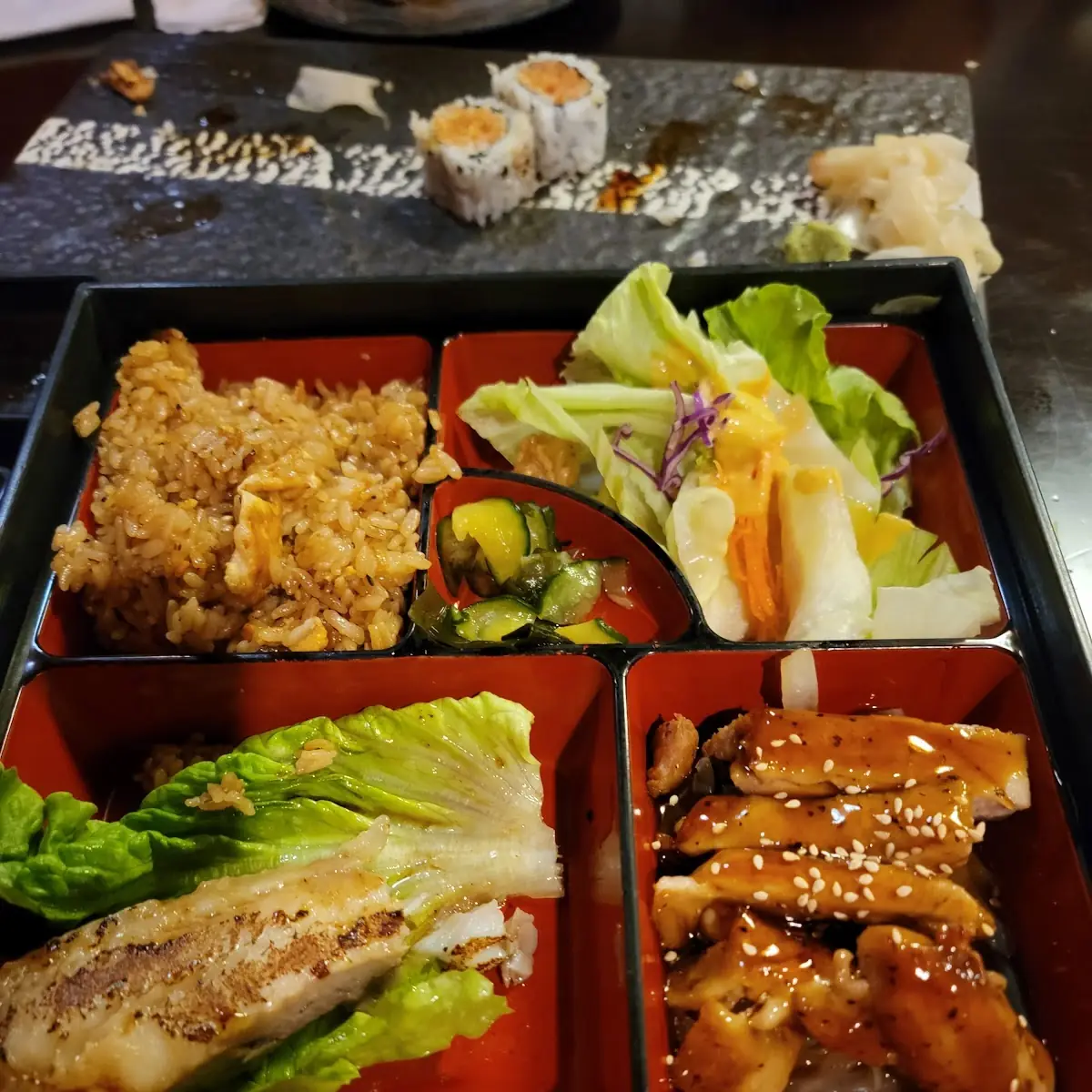 Bento Box with Teriyaki Chicken and Miso Butterfish