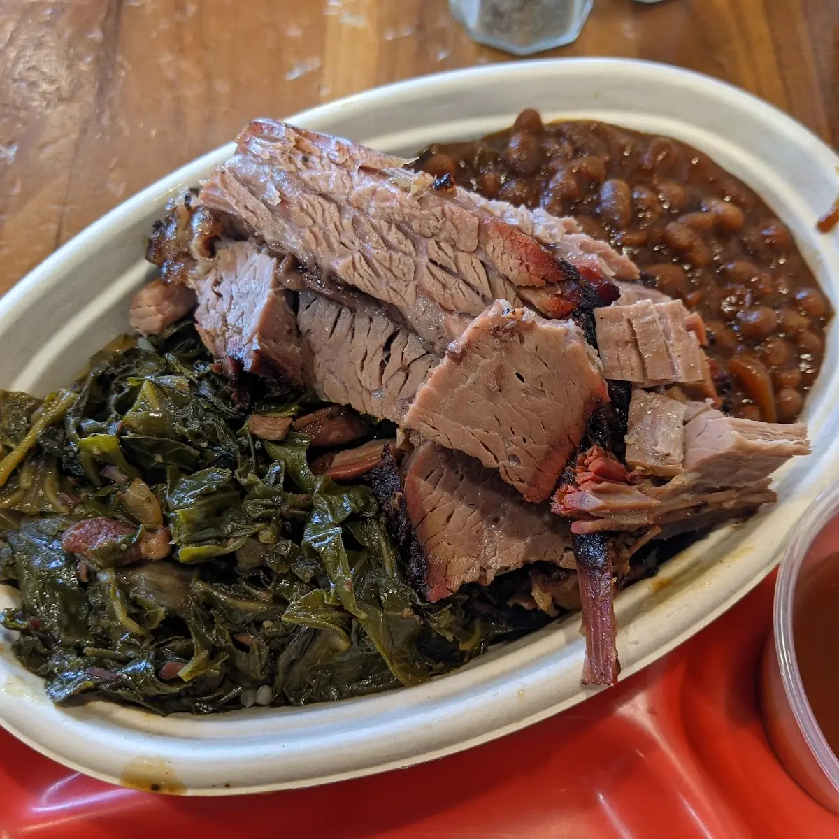 Beef Brisket Plate with Cornbread Greens and Corn with Bacon