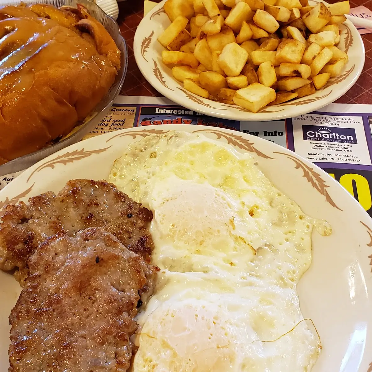 Eggs Sausage Cinnamon Roll Homefries
