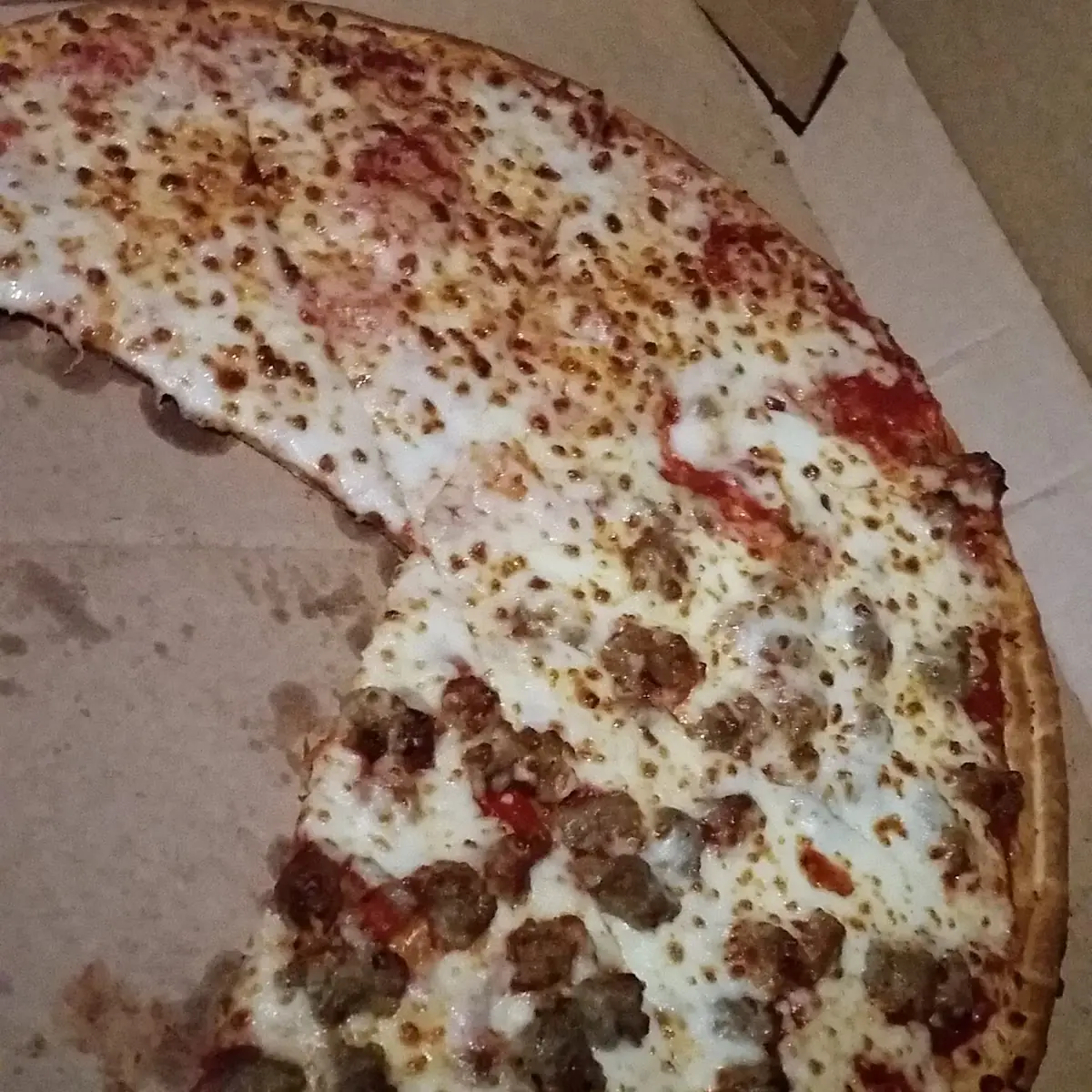 Papa Johns Thin Crust Sausage and Extra Cheese Pizza