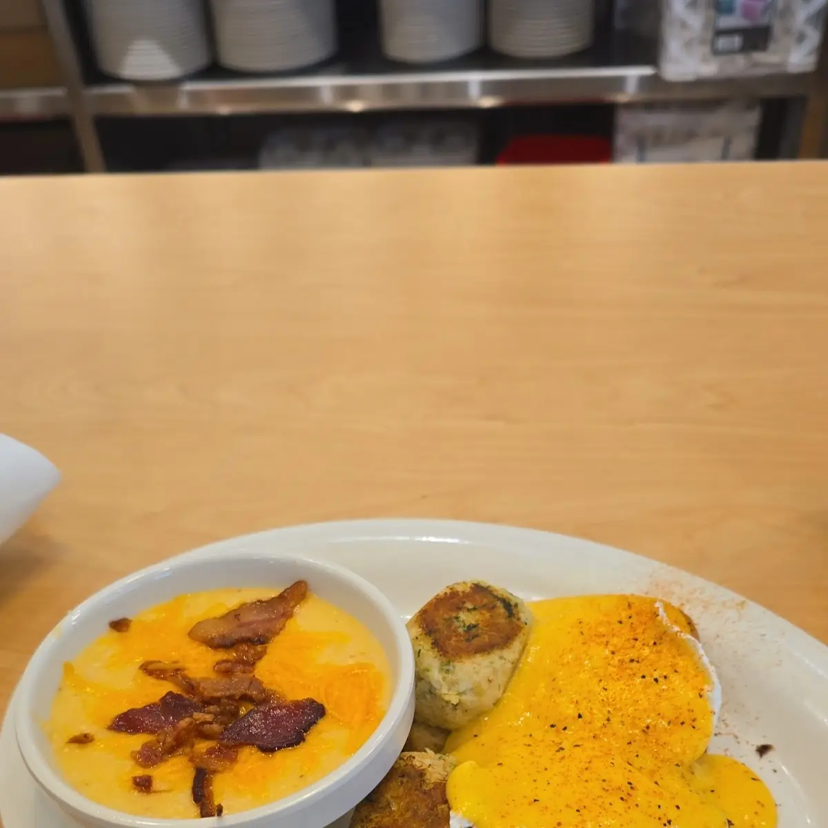 Crab Cakes Eggs Benedict with Cheese Grits