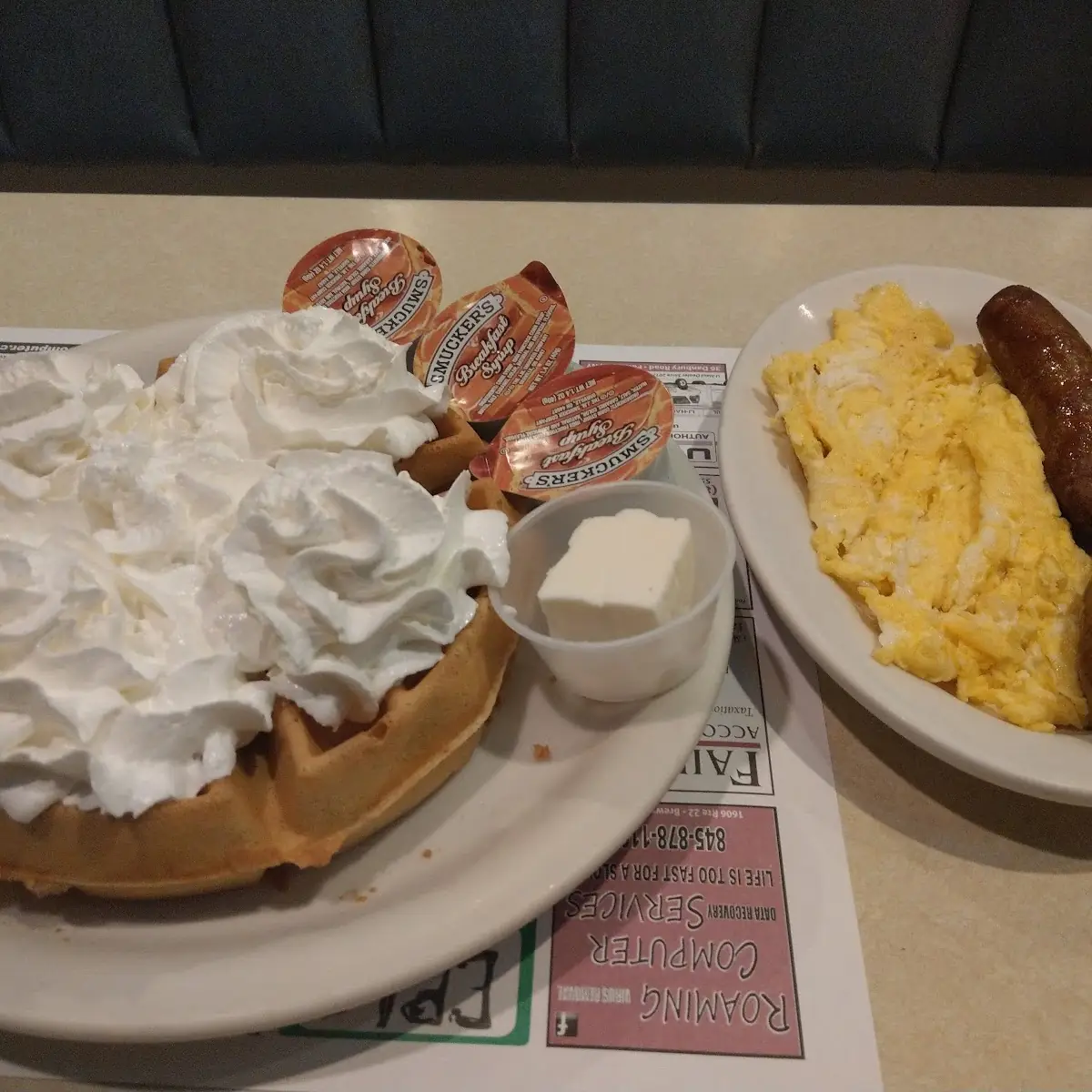 Belgium Waffle with Whip Cream Scrambled Eggs & Sausage Links