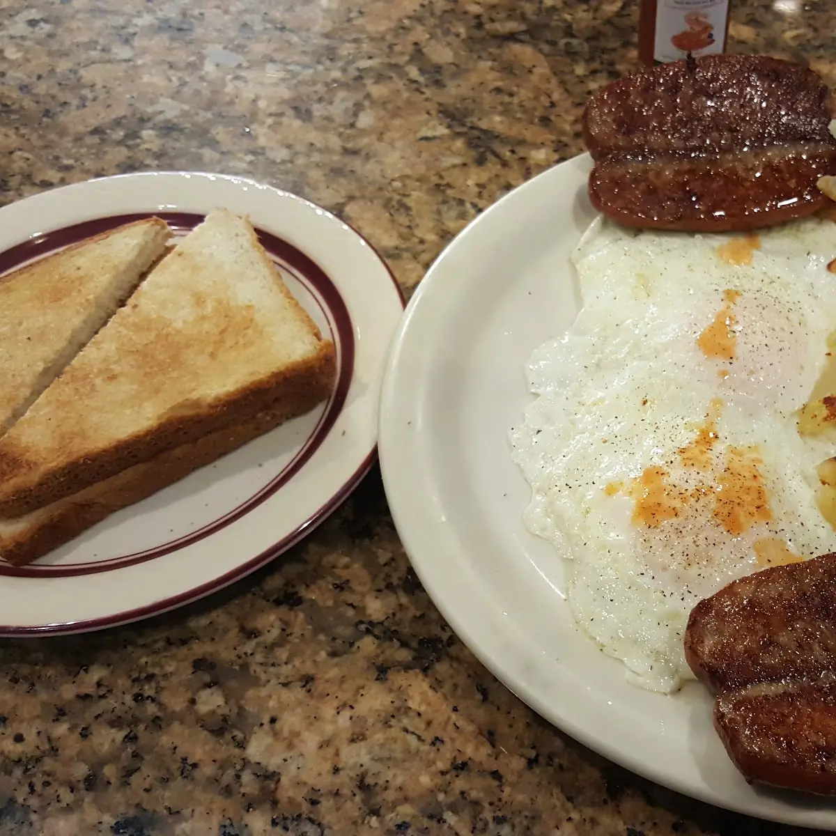 Over Easy Home Fries and Split Sausages
