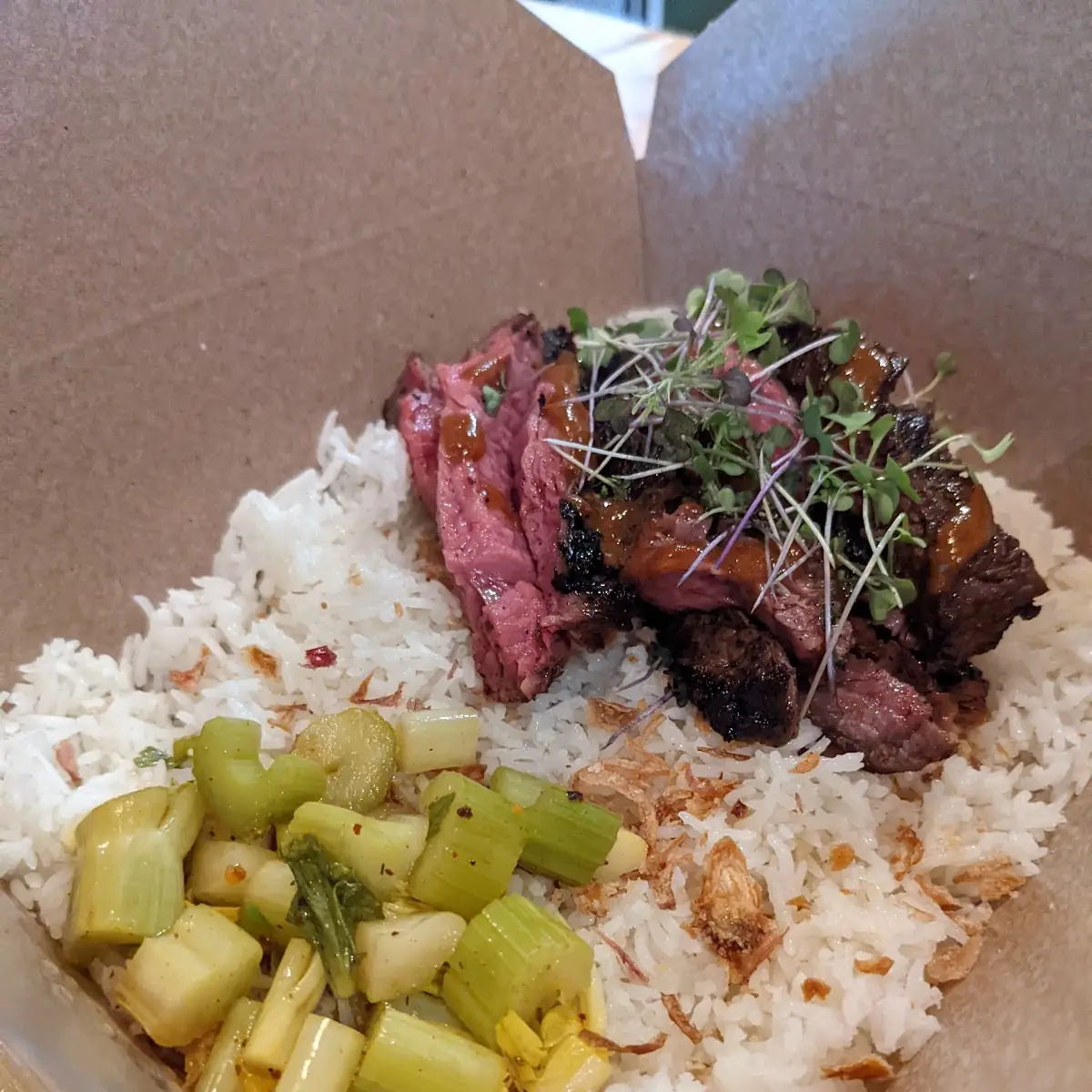 Sous Vide Steak with Rice and Pickled Celery