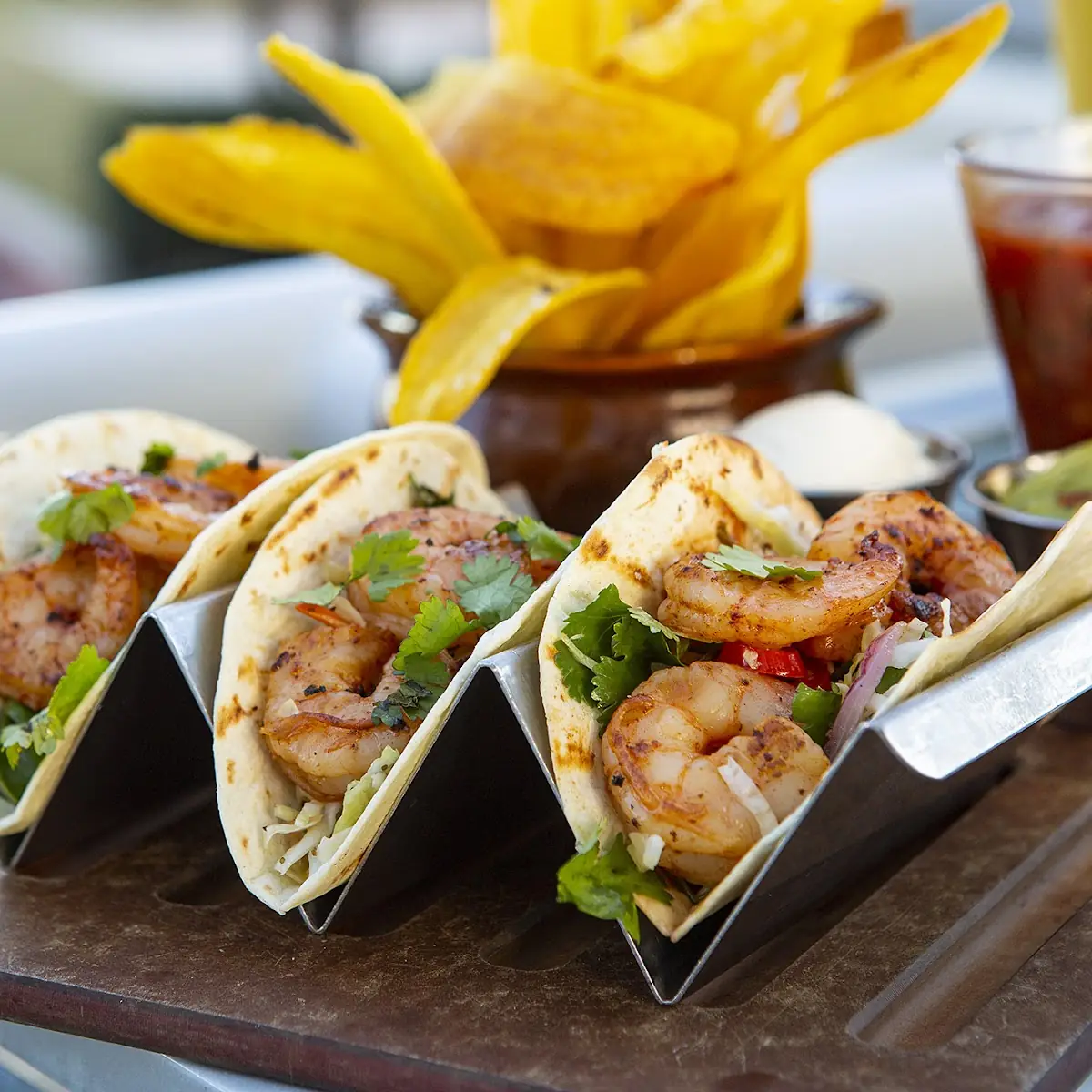 Blackened Shrimp Tacos w Chips & Salsa GFA