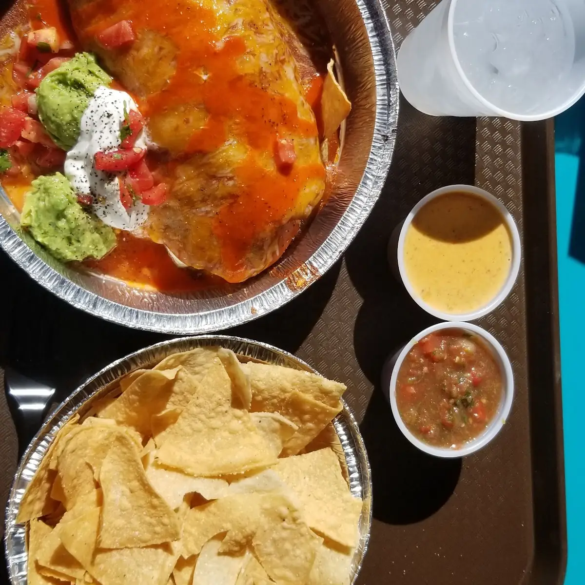 Chicken Burrito with Chips and Queso
