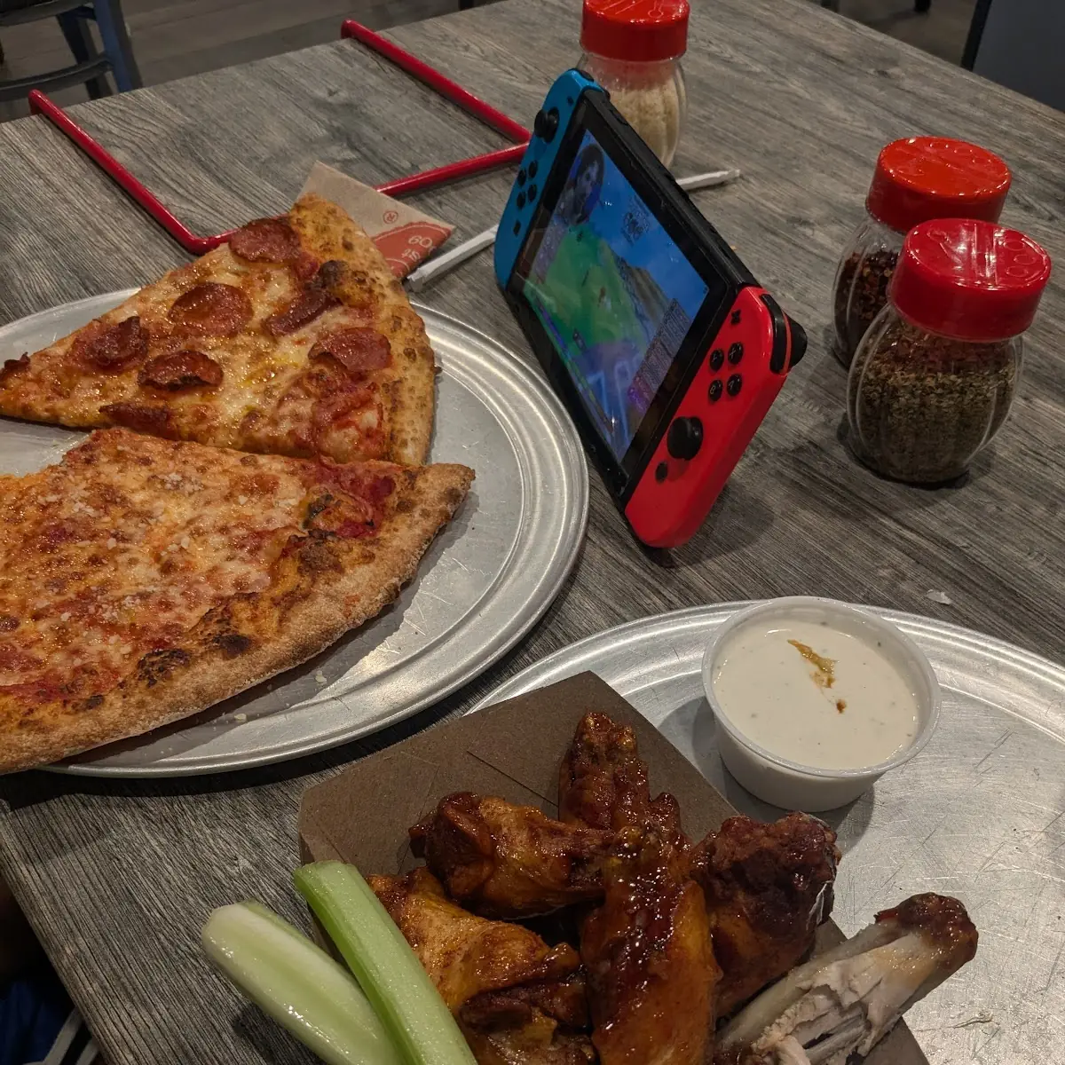 Cheese Pizza Slice and Pepperoni with Sweet Chili Wings