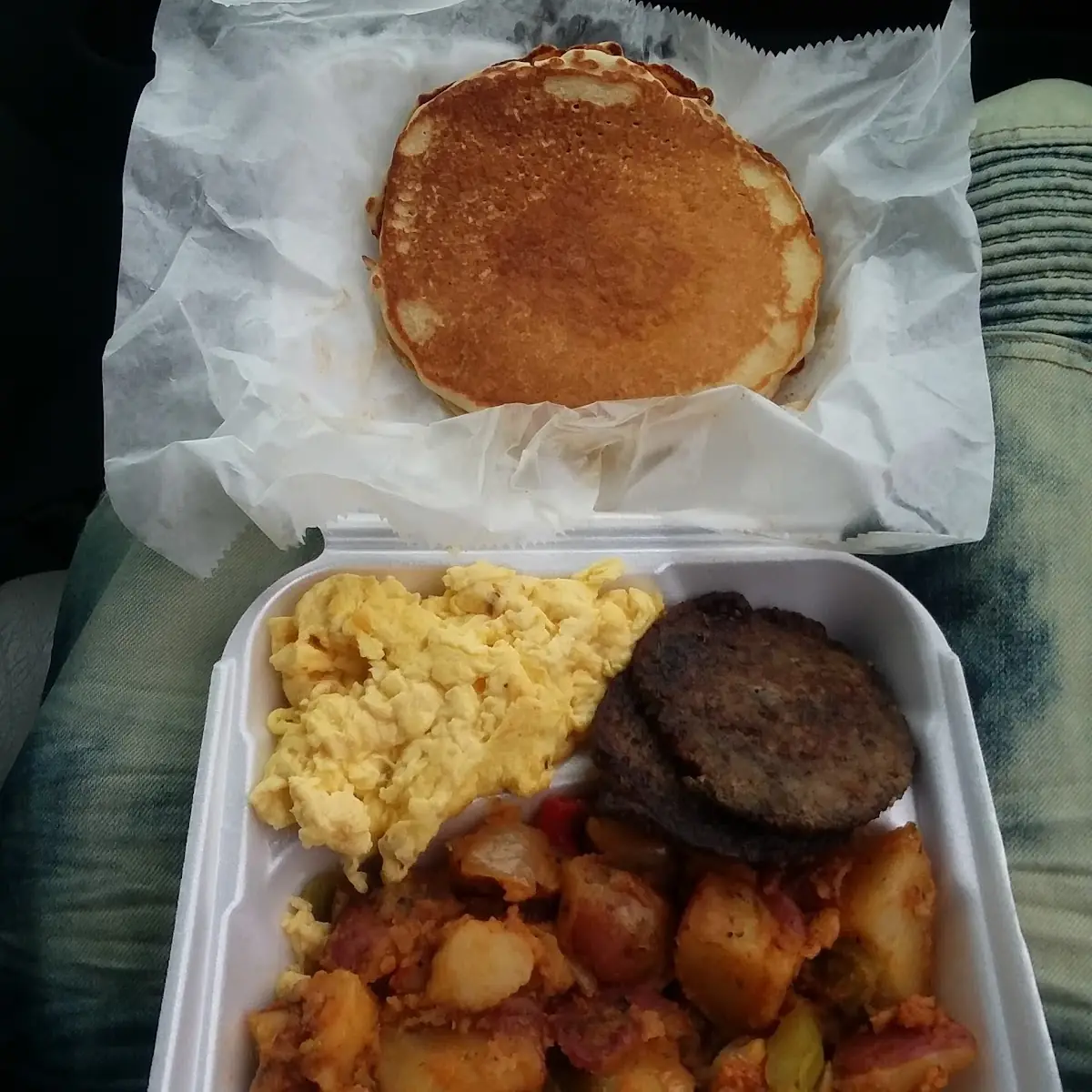Scrambled Eggs Sausage and Pancakes