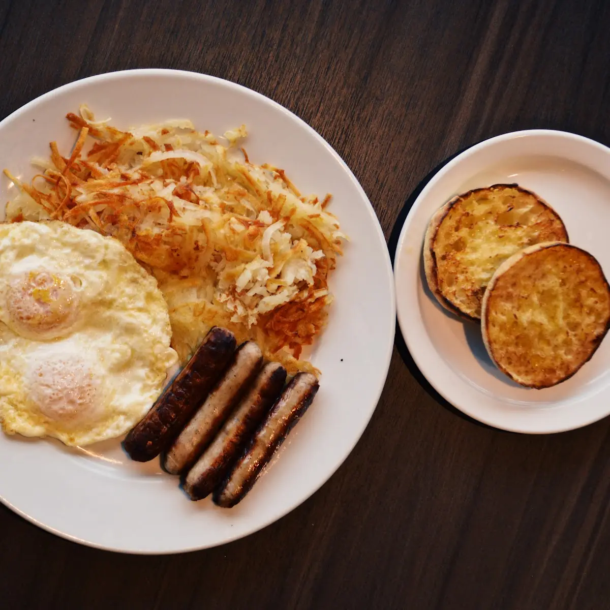 Eggs Sausage Hash Browns and Toast