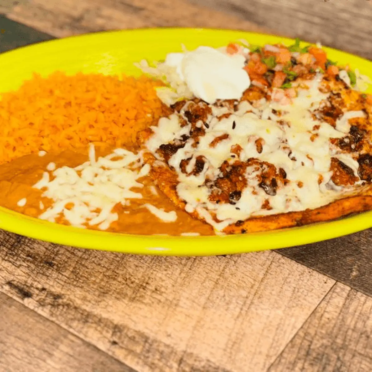 Beef Enchilada Tostada & Rice