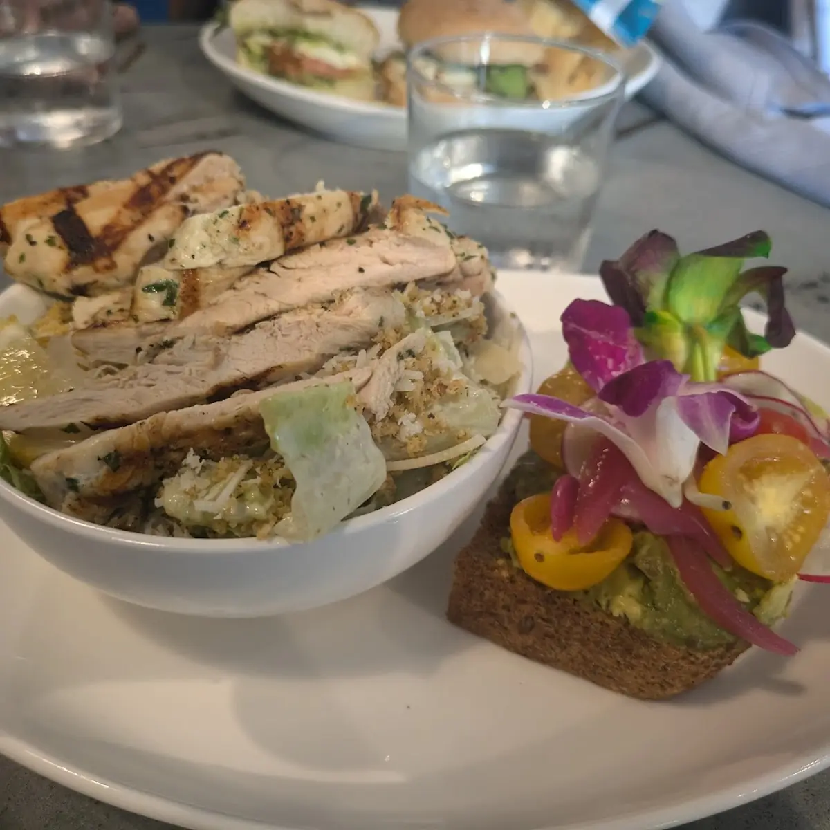 Chicken Caesar Salad and Avocado Toast