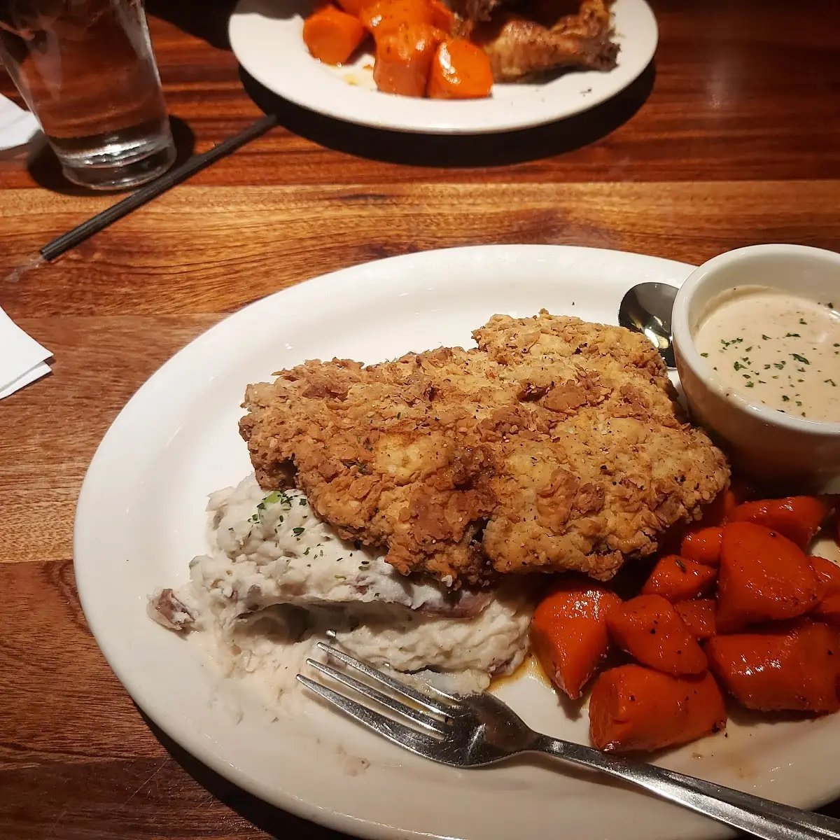 Chicken Fried Steak Mashed Potatoes with Gravy and Glazed Carrots