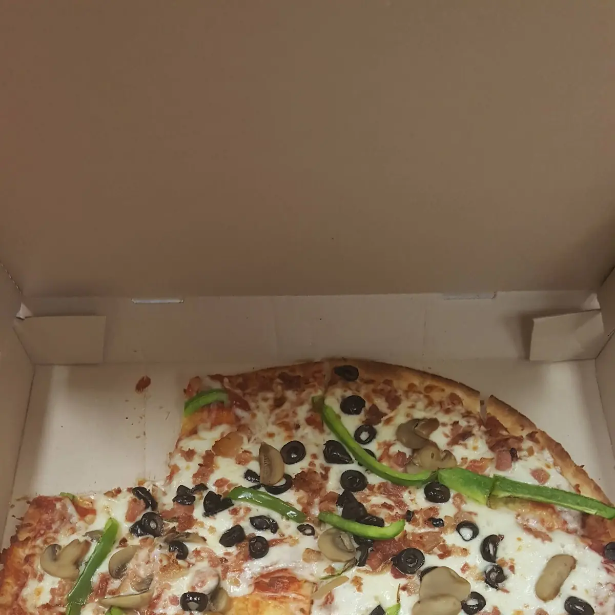 Create Your Own Pizza Large Thin Crust Bacon Mushrooms Bell Peppers Black Olives and Extra Sauce