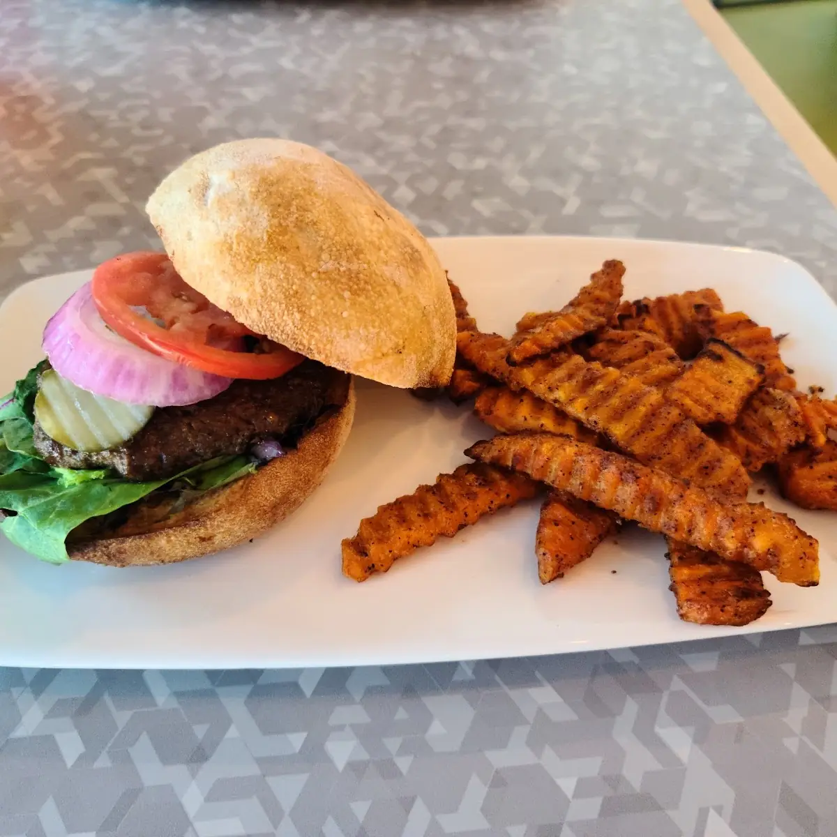Bison Burger and Sweet Potato Fries