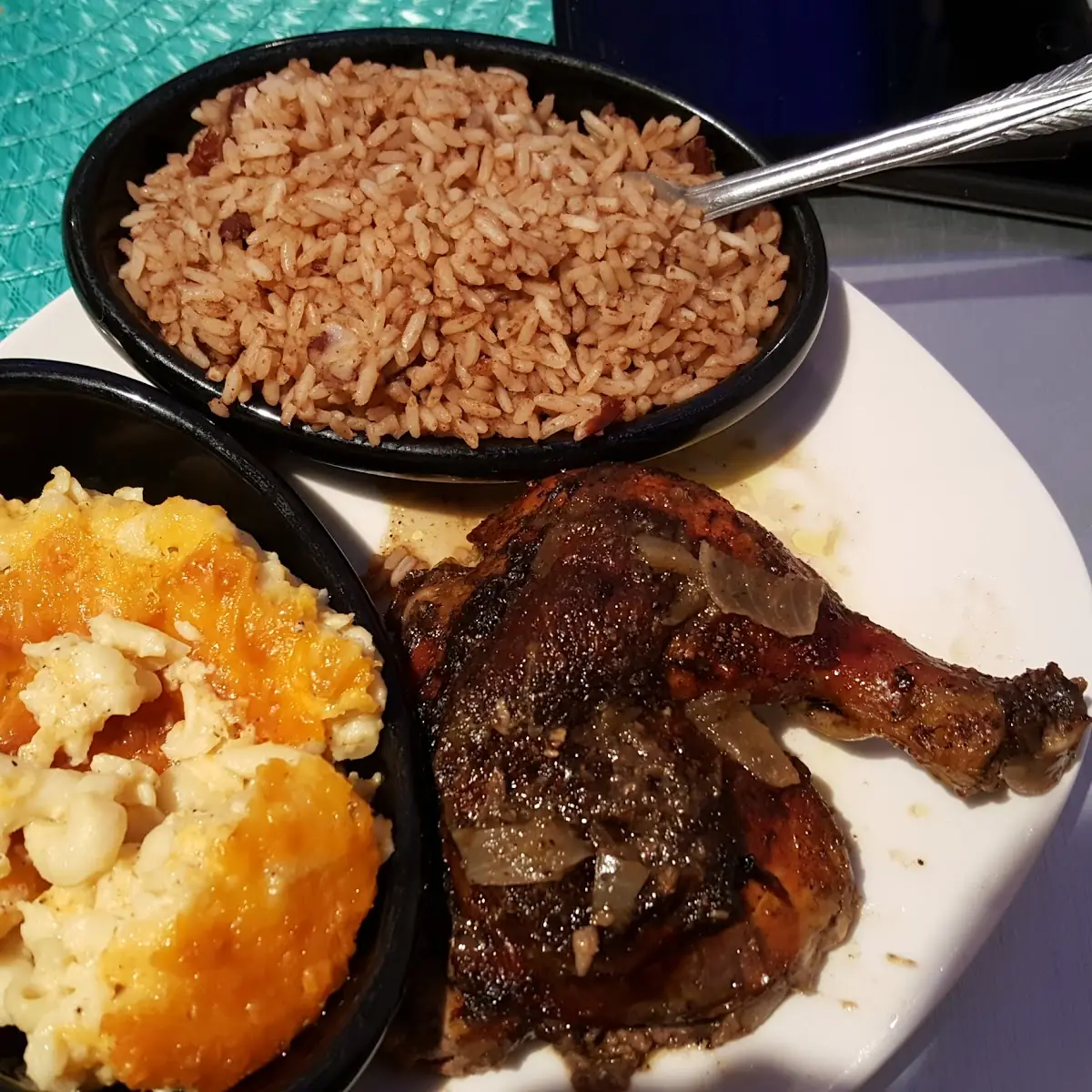 Jerk Chicken Rice and Beans and Macaroni Cheese