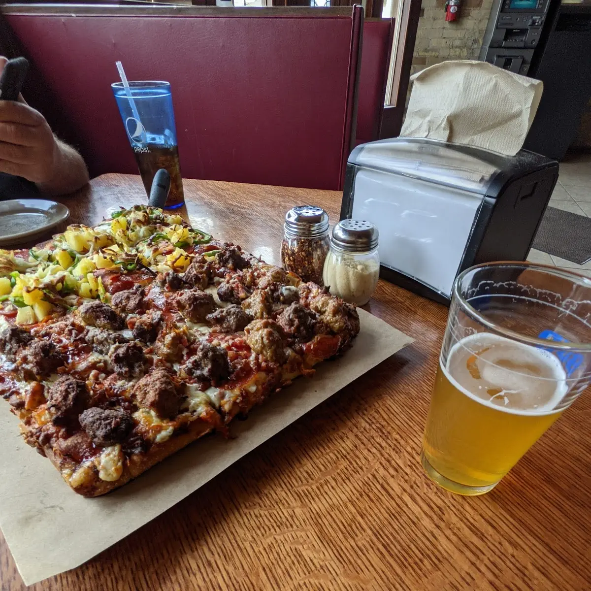 Meat Lovers Pizza and Spotted Cow Beer