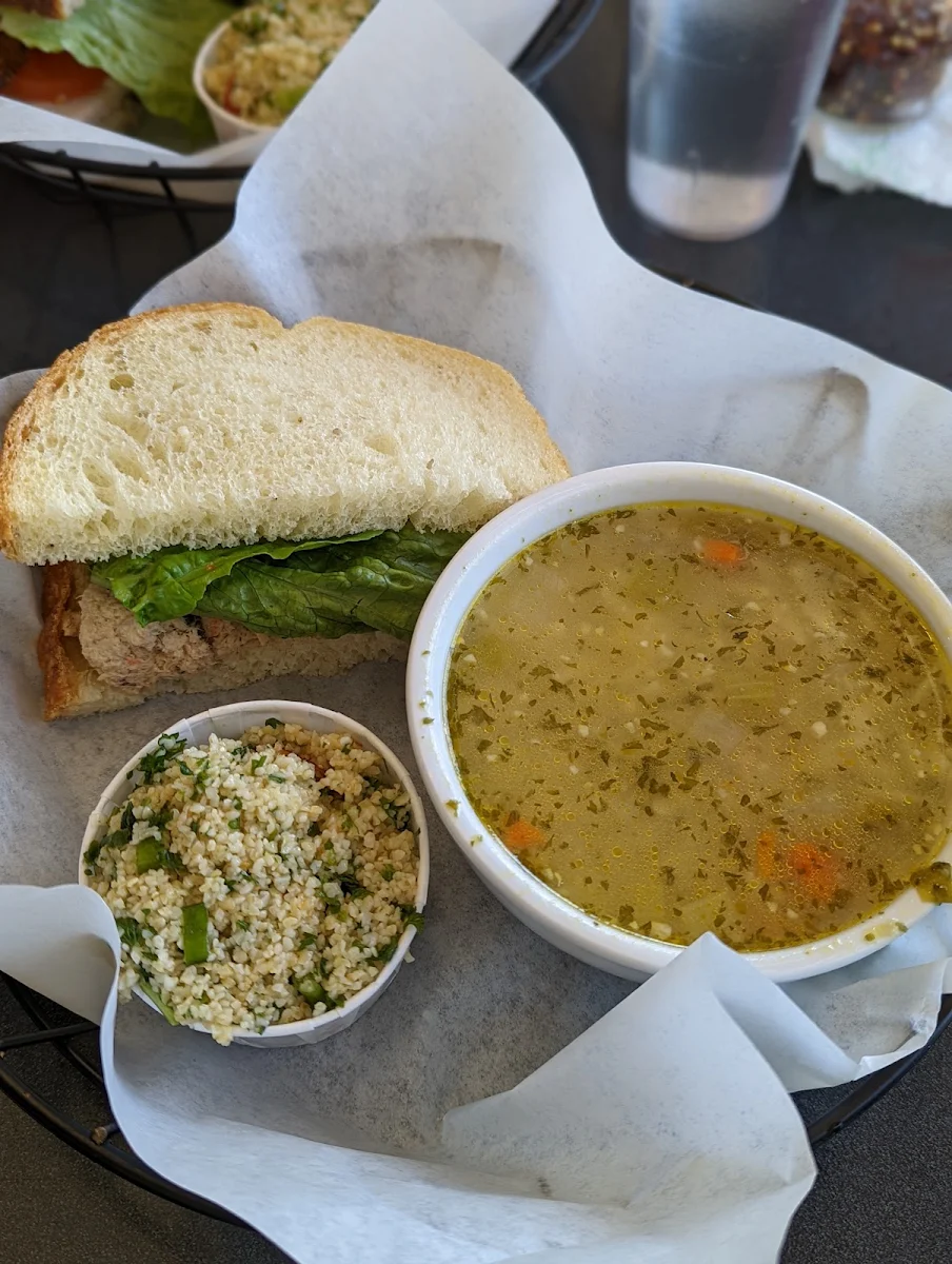 Salmon Salad Sandwich Tabbouleh and Soup